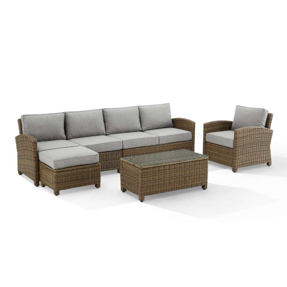 Crosley Furniture - Bradenton 5Pc Outdoor Wicker Sectional Set Gray -Weathered Brown - Left Loveseat, Right Loveseat, Armchair, Coffee Table, and Ottoman - KO70188WB-GY veiw 5