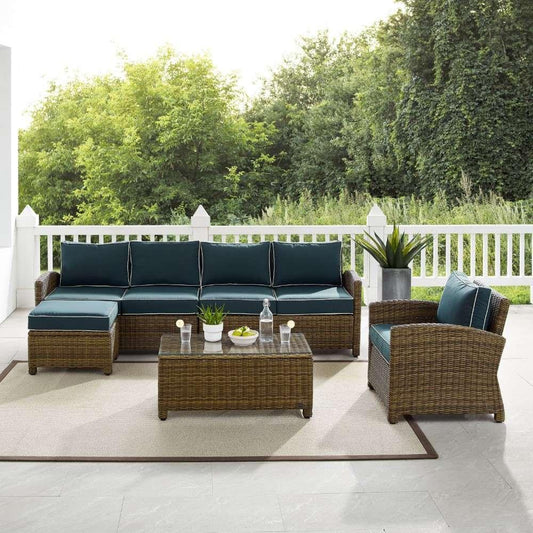 Crosley Furniture - Bradenton 5Pc Outdoor Wicker Sectional Set Navy -Weathered Brown - Left Loveseat, Right Loveseat, Armchair, Coffee Table, and Ottoman - KO70188WB-NV veiw 2