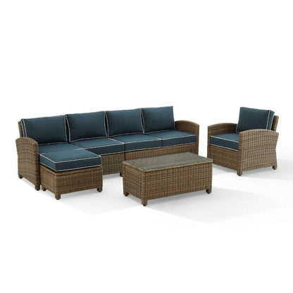 Crosley Furniture - Bradenton 5Pc Outdoor Wicker Sectional Set Navy -Weathered Brown - Left Loveseat, Right Loveseat, Armchair, Coffee Table, and Ottoman - KO70188WB-NV veiw 5