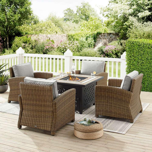 Crosley Furniture - Bradenton 5Pc Outdoor Wicker Conversation Set W/Fire Table Gray/Weathered Brown - Tucson Fire Table & 4 Armchairs - KO70207WB-GY veiw 1