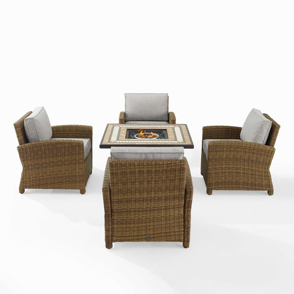 Crosley Furniture - Bradenton 5Pc Outdoor Wicker Conversation Set W/Fire Table Gray/Weathered Brown - Tucson Fire Table & 4 Armchairs - KO70207WB-GY veiw 3