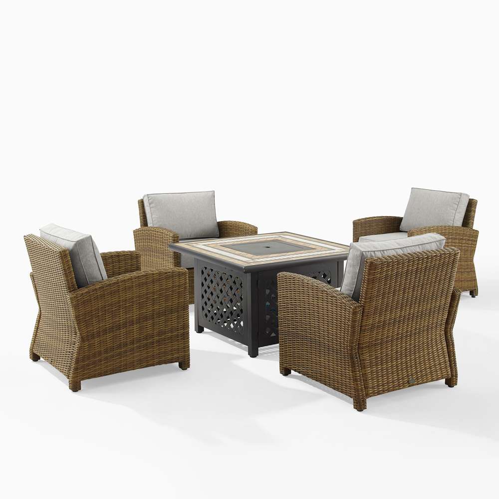 Crosley Furniture - Bradenton 5Pc Outdoor Wicker Conversation Set W/Fire Table Gray/Weathered Brown - Tucson Fire Table & 4 Armchairs - KO70207WB-GY veiw 4