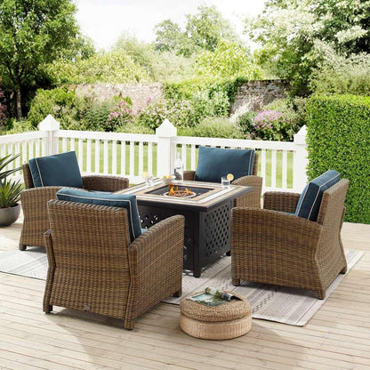 Crosley Furniture - Bradenton 5Pc Outdoor Wicker Conversation Set W/Fire Table Navy/Weathered Brown - Tucson Fire Table & 4 Armchairs - KO70207WB-NV veiw 1