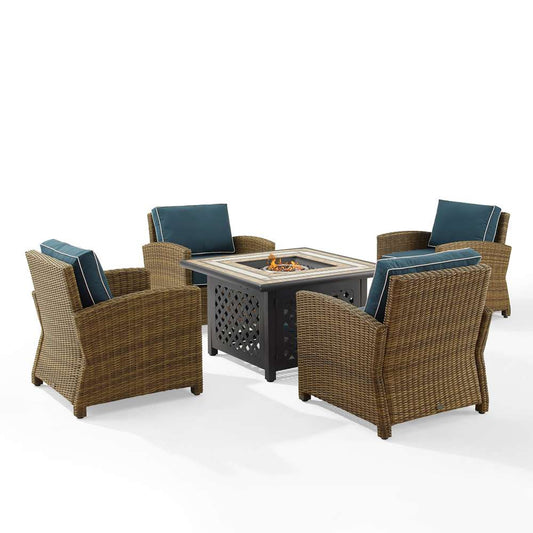 Crosley Furniture - Bradenton 5Pc Outdoor Wicker Conversation Set W/Fire Table Navy/Weathered Brown - Tucson Fire Table & 4 Armchairs - KO70207WB-NV veiw 2