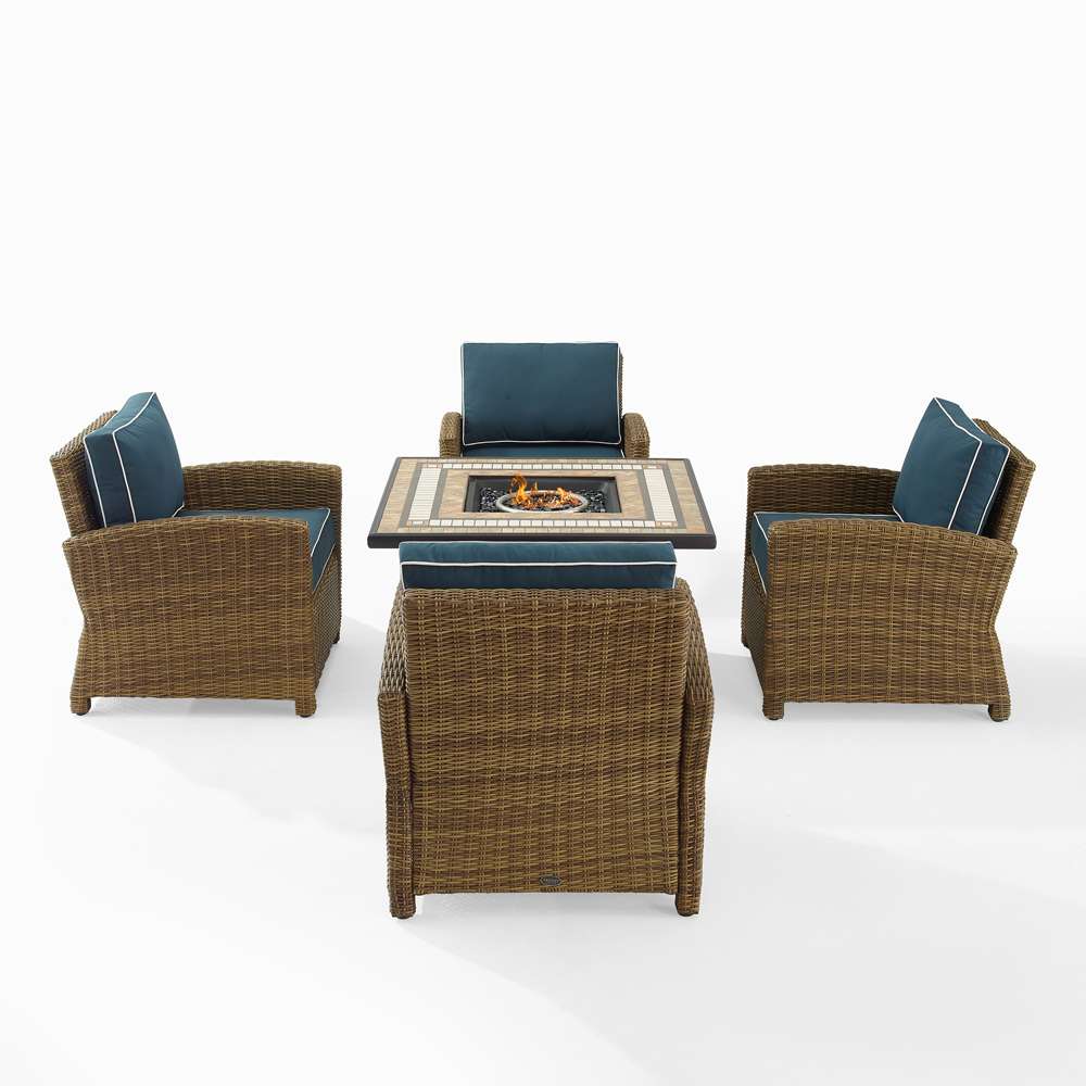 Crosley Furniture - Bradenton 5Pc Outdoor Wicker Conversation Set W/Fire Table Navy/Weathered Brown - Tucson Fire Table & 4 Armchairs - KO70207WB-NV veiw 3