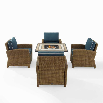 Crosley Furniture - Bradenton 5Pc Outdoor Wicker Conversation Set W/Fire Table Navy/Weathered Brown - Tucson Fire Table & 4 Armchairs - KO70207WB-NV veiw 3