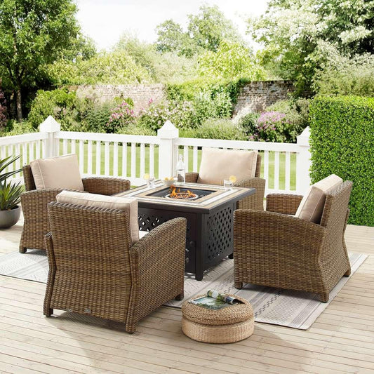 Crosley Furniture - Bradenton 5Pc Outdoor Wicker Conversation Set W/Fire Table Sand/Weathered Brown - Tucson Fire Table & 4 Armchairs - KO70207WB-SA veiw 1
