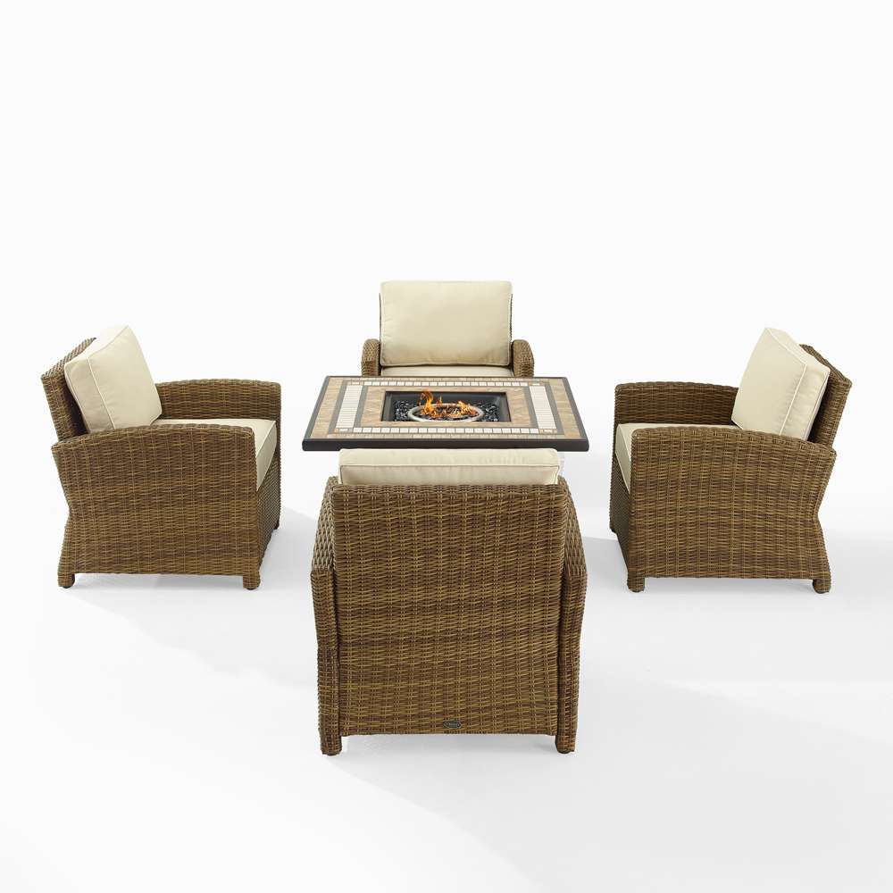 Crosley Furniture - Bradenton 5Pc Outdoor Wicker Conversation Set W/Fire Table Sand/Weathered Brown - Tucson Fire Table & 4 Armchairs - KO70207WB-SA veiw 3