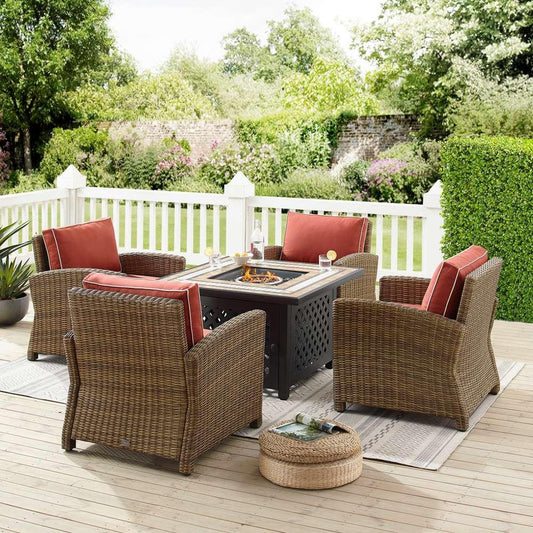 Crosley Furniture - Bradenton 5Pc Outdoor Wicker Conversation Set W/Fire Table Sangria/Weathered Brown - Tucson Fire Table & 4 Armchairs - KO70207WB-SG veiw 1