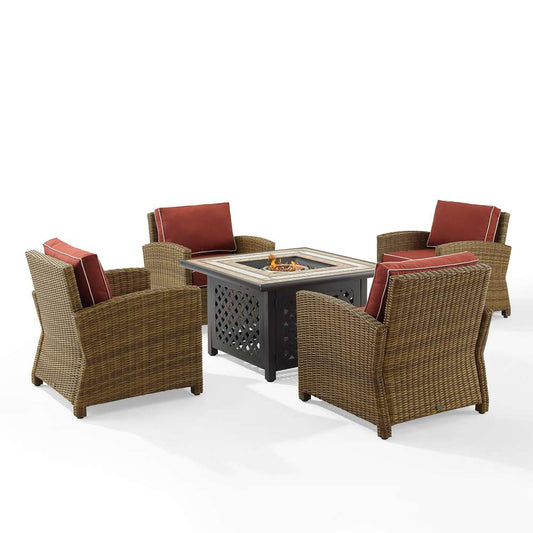 Crosley Furniture - Bradenton 5Pc Outdoor Wicker Conversation Set W/Fire Table Sangria/Weathered Brown - Tucson Fire Table & 4 Armchairs - KO70207WB-SG veiw 2