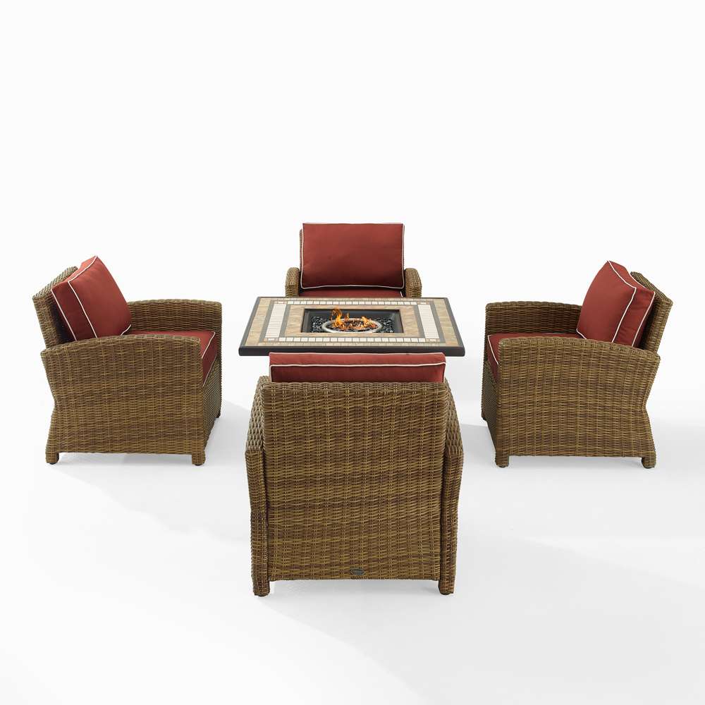 Crosley Furniture - Bradenton 5Pc Outdoor Wicker Conversation Set W/Fire Table Sangria/Weathered Brown - Tucson Fire Table & 4 Armchairs - KO70207WB-SG veiw 3