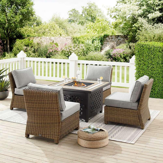 Crosley Furniture - Bradenton 5Pc Outdoor Wicker Conversation Set W/Fire Table Gray/Weathered Brown - Tucson Fire Table & 4 Armless Chairs - KO70206WB-GY veiw 1