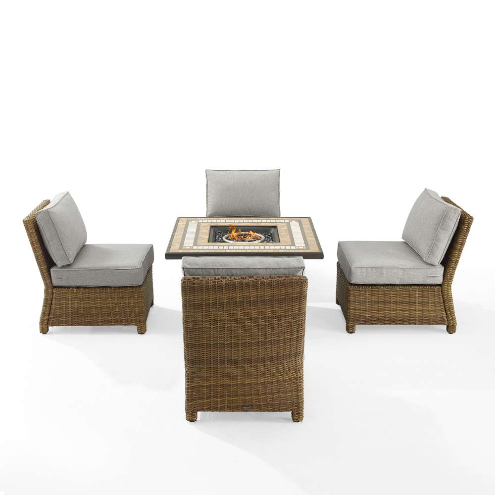 Crosley Furniture - Bradenton 5Pc Outdoor Wicker Conversation Set W/Fire Table Gray/Weathered Brown - Tucson Fire Table & 4 Armless Chairs - KO70206WB-GY veiw 3