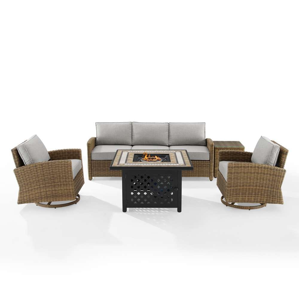 Crosley Furniture - Bradenton 5Pc Swivel Rocker And Sofa Set W/Fire Table Gray/Weathered Brown - Tucson Fire Table, Sofa, Side Table, & 2 Swivel Rockers - KO70208WB-GY veiw 3