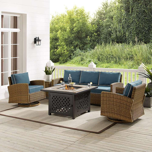 Crosley Furniture - Bradenton 5Pc Swivel Rocker And Sofa Set W/Fire Table Navy/Weathered Brown - Tucson Fire Table, Sofa, Side Table, & 2 Swivel Rockers - KO70208WB-NV veiw 1
