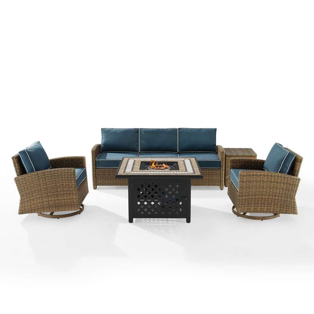 Crosley Furniture - Bradenton 5Pc Swivel Rocker And Sofa Set W/Fire Table Navy/Weathered Brown - Tucson Fire Table, Sofa, Side Table, & 2 Swivel Rockers - KO70208WB-NV veiw 3