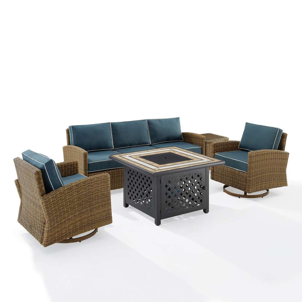 Crosley Furniture - Bradenton 5Pc Swivel Rocker And Sofa Set W/Fire Table Navy/Weathered Brown - Tucson Fire Table, Sofa, Side Table, & 2 Swivel Rockers - KO70208WB-NV veiw 4