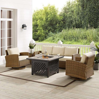 Crosley Furniture - Bradenton 5Pc Swivel Rocker And Sofa Set W/Fire Table Sand/Weathered Brown - Tucson Fire Table, Sofa, Side Table, & 2 Swivel Rockers - KO70208WB-SA veiw 1