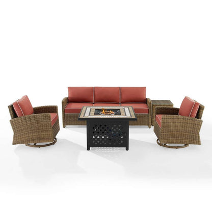 Crosley Furniture - Bradenton 5Pc Swivel Rocker And Sofa Set W/Fire Table Sangria/Weathered Brown - Tucson Fire Table, Sofa, Side Table, & 2 Swivel Rockers - KO70208WB-SG veiw 3
