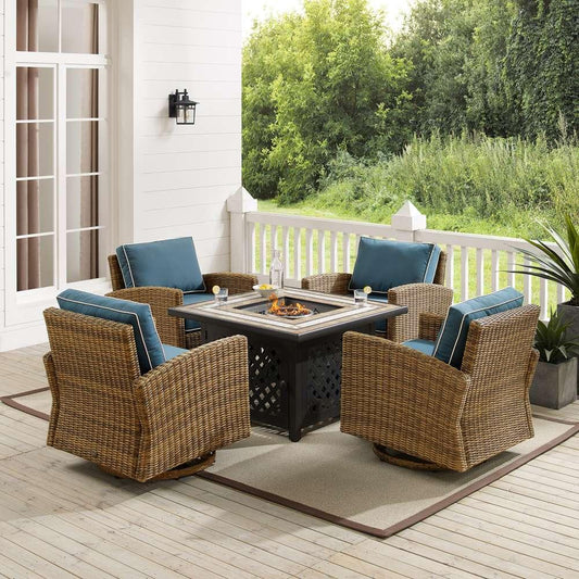 Crosley Furniture - Bradenton 5Pc Swivel Rocker Conversation Set W/Fire Table Navy/Weathered Brown - Tucson Fire Table & 4 Swivel Rockers - KO70209WB-NV veiw 1
