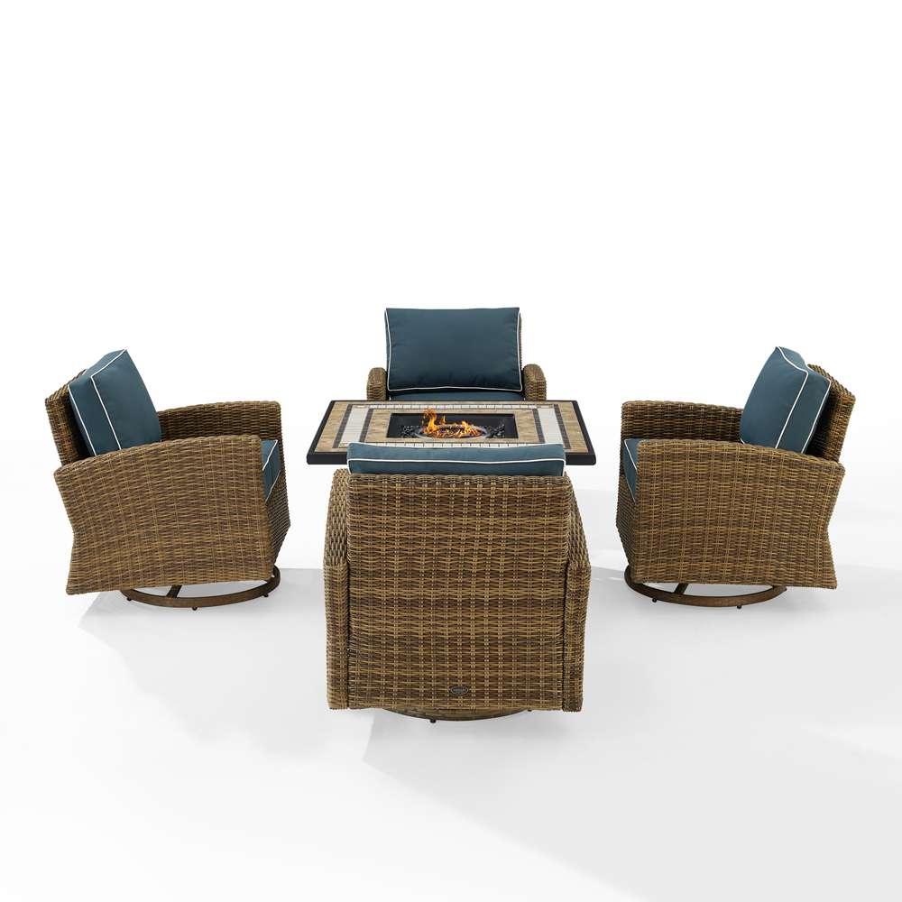 Crosley Furniture - Bradenton 5Pc Swivel Rocker Conversation Set W/Fire Table Navy/Weathered Brown - Tucson Fire Table & 4 Swivel Rockers - KO70209WB-NV veiw 3
