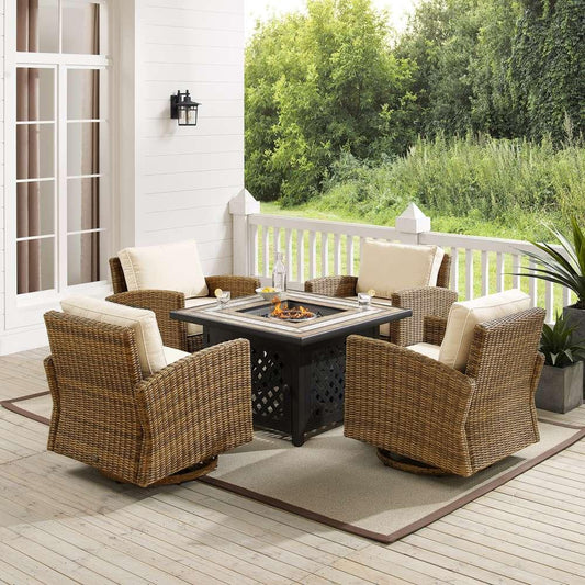 Crosley Furniture - Bradenton 5Pc Swivel Rocker Conversation Set W/Fire Table Sand/Weathered Brown - Tucson Fire Table & 4 Swivel Rockers - KO70209WB-SA veiw 1