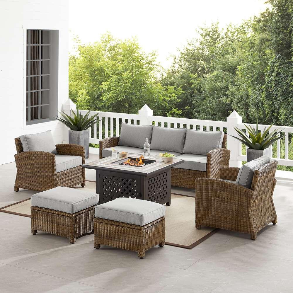 Crosley Furniture - Bradenton 6Pc Outdoor Wicker Sofa Set W/Fire Table Gray/Weathered Brown - Tucson Fire Table, Sofa, 2 Armchairs & 2 Ottomans - KO70184WB-GY veiw 1