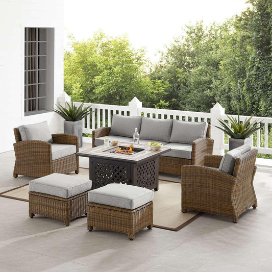 Crosley Furniture - Bradenton 6Pc Outdoor Wicker Sofa Set W/Fire Table Gray/Weathered Brown - Tucson Fire Table, Sofa, 2 Armchairs & 2 Ottomans - KO70184WB-GY veiw 1