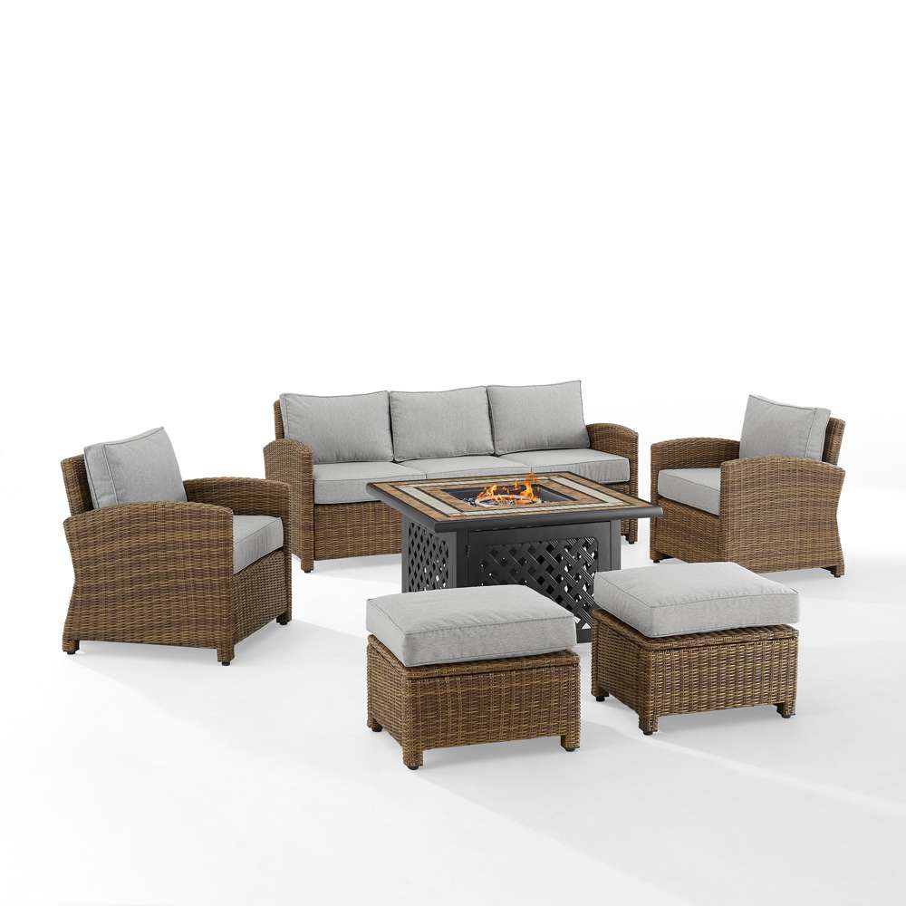 Crosley Furniture - Bradenton 6Pc Outdoor Wicker Sofa Set W/Fire Table Gray/Weathered Brown - Tucson Fire Table, Sofa, 2 Armchairs & 2 Ottomans - KO70184WB-GY veiw 2