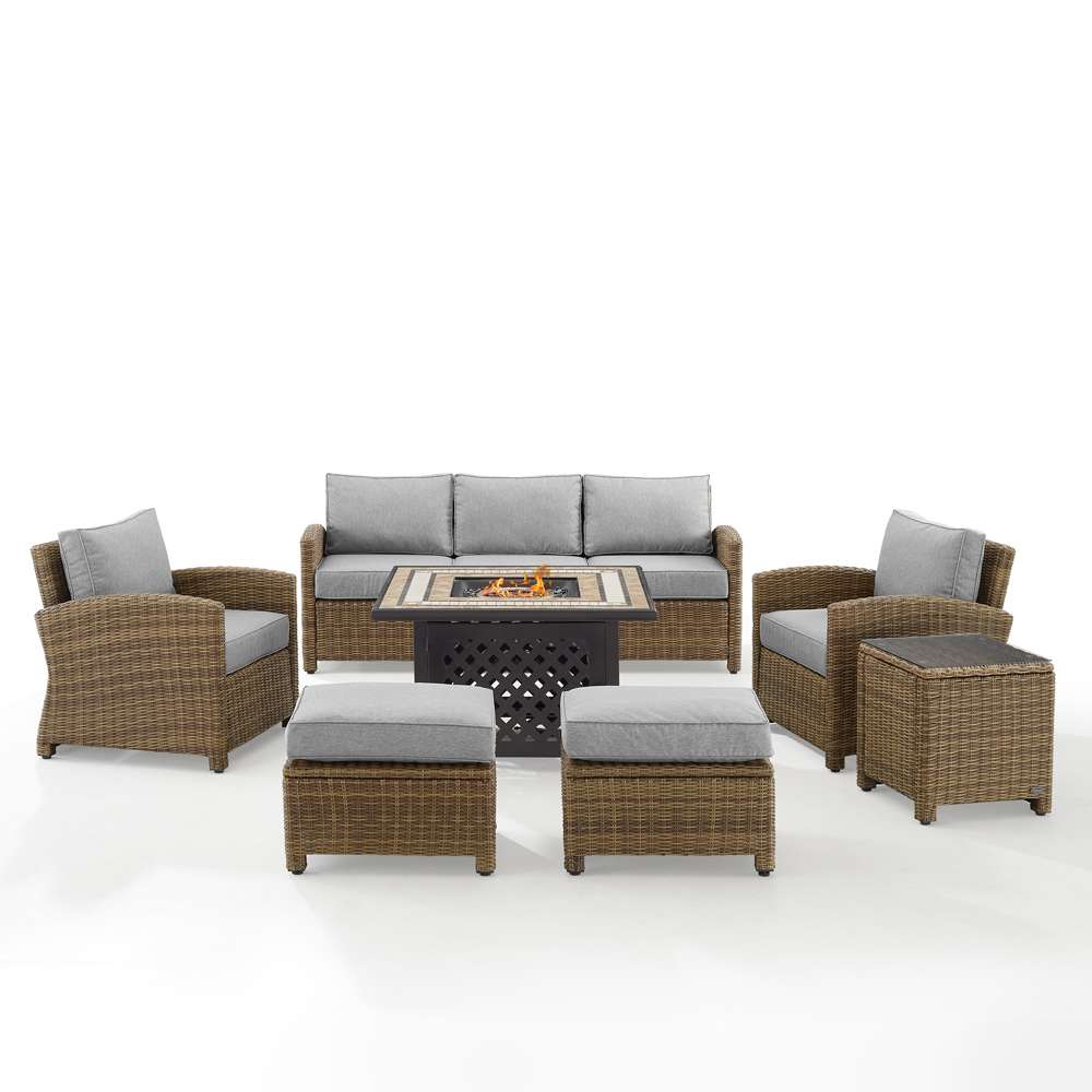 Crosley Furniture - Bradenton 6Pc Outdoor Wicker Sofa Set W/Fire Table Gray/Weathered Brown - Tucson Fire Table, Sofa, 2 Armchairs & 2 Ottomans - KO70184WB-GY veiw 3