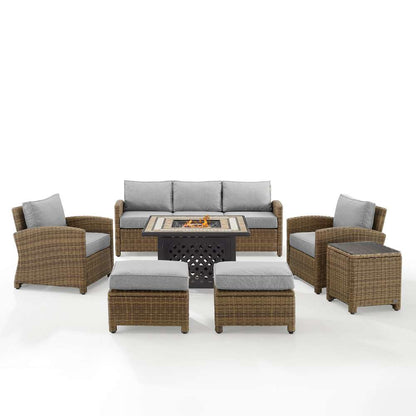 Crosley Furniture - Bradenton 6Pc Outdoor Wicker Sofa Set W/Fire Table Gray/Weathered Brown - Tucson Fire Table, Sofa, 2 Armchairs & 2 Ottomans - KO70184WB-GY veiw 3