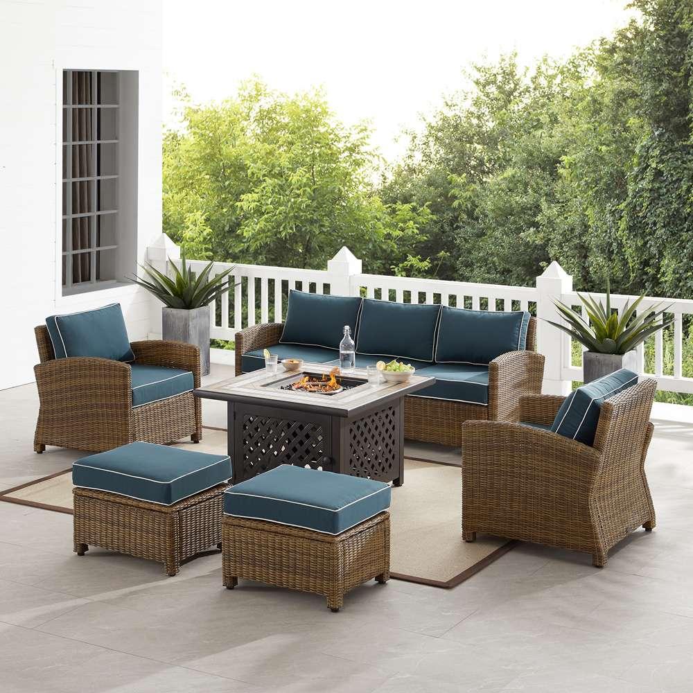 Crosley Furniture - Bradenton 6Pc Outdoor Wicker Sofa Set W/Fire Table Navy/Weathered Brown - Tucson Fire Table, Sofa, 2 Armchairs & 2 Ottomans - KO70184WB-NV veiw 1