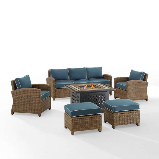 Crosley Furniture - Bradenton 6Pc Outdoor Wicker Sofa Set W/Fire Table Navy/Weathered Brown - Tucson Fire Table, Sofa, 2 Armchairs & 2 Ottomans - KO70184WB-NV veiw 2
