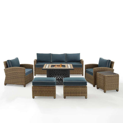 Crosley Furniture - Bradenton 6Pc Outdoor Wicker Sofa Set W/Fire Table Navy/Weathered Brown - Tucson Fire Table, Sofa, 2 Armchairs & 2 Ottomans - KO70184WB-NV veiw 3