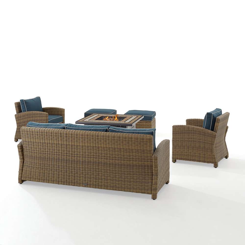 Crosley Furniture - Bradenton 6Pc Outdoor Wicker Sofa Set W/Fire Table Navy/Weathered Brown - Tucson Fire Table, Sofa, 2 Armchairs & 2 Ottomans - KO70184WB-NV veiw 4