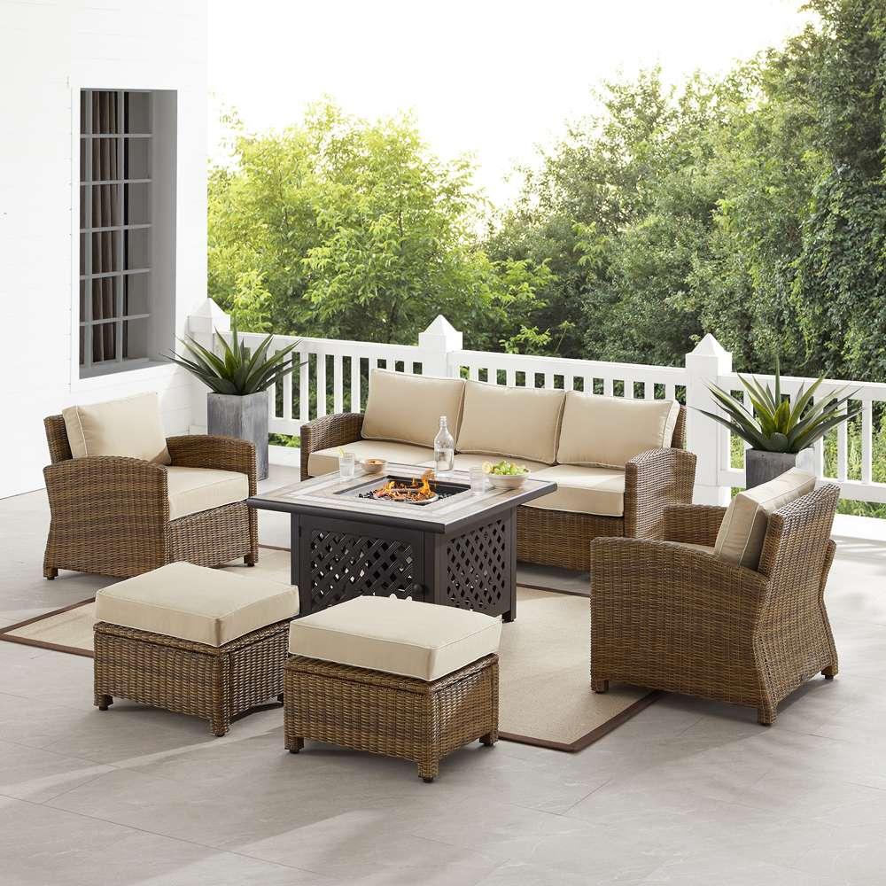 Crosley Furniture - Bradenton 6Pc Outdoor Wicker Sofa Set W/Fire Table Sand/Weathered Brown - Tucson Fire Table, Sofa, 2 Armchairs & 2 Ottomans - KO70184WB-SA veiw 1