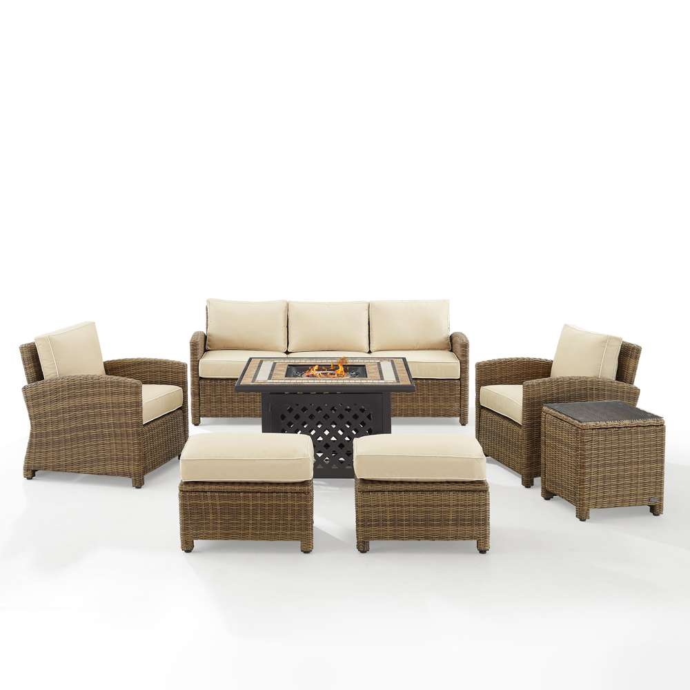 Crosley Furniture - Bradenton 6Pc Outdoor Wicker Sofa Set W/Fire Table Sand/Weathered Brown - Tucson Fire Table, Sofa, 2 Armchairs & 2 Ottomans - KO70184WB-SA veiw 3