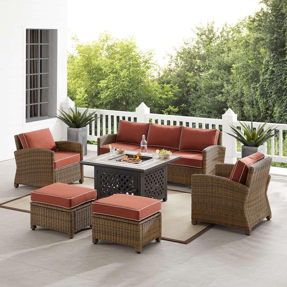 Crosley Furniture - Bradenton 6Pc Outdoor Wicker Sofa Set W/Fire Table Sangria/Weathered Brown - Tucson Fire Table, Sofa, 2 Armchairs & 2 Ottomans - KO70184WB-SG veiw 1