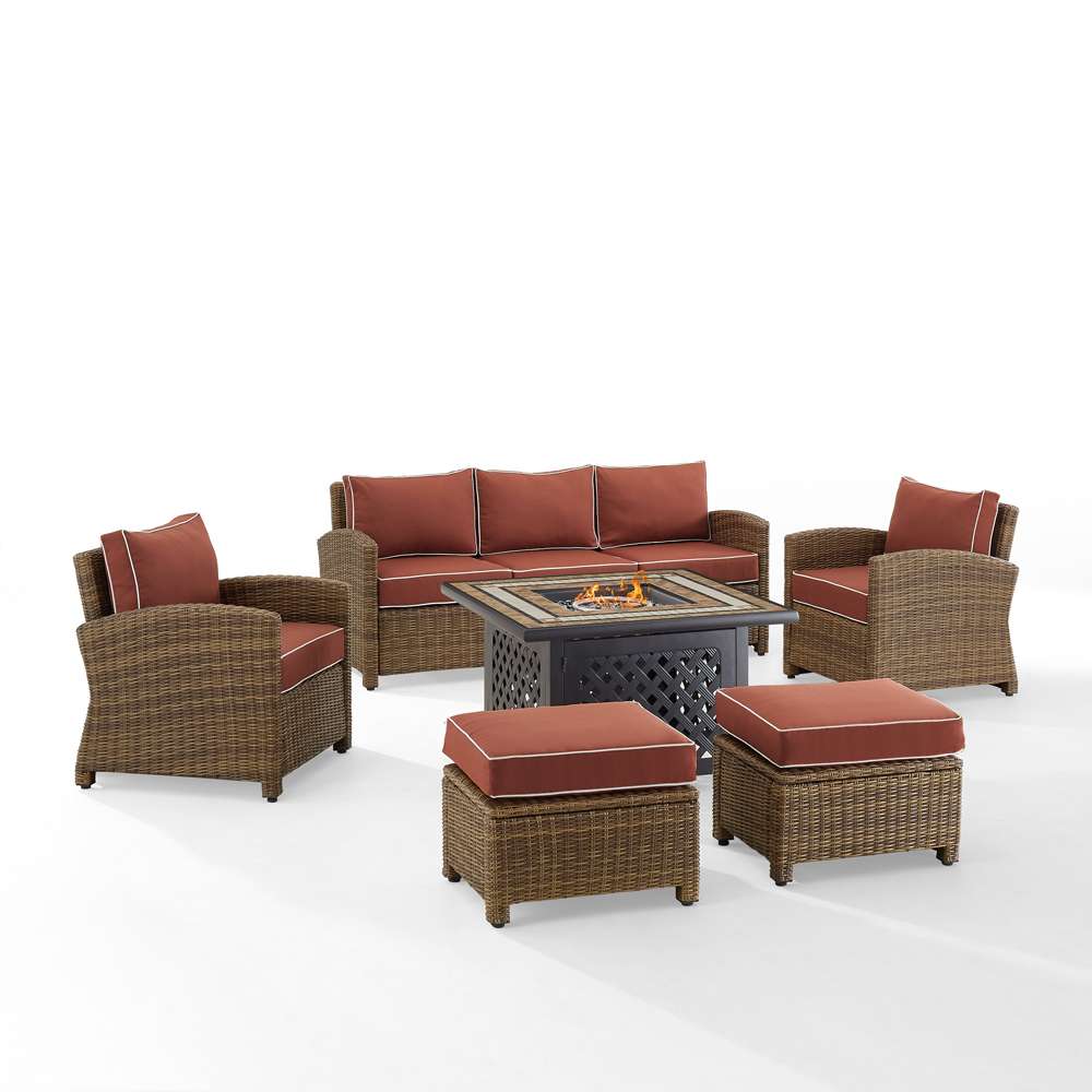 Crosley Furniture - Bradenton 6Pc Outdoor Wicker Sofa Set W/Fire Table Sangria/Weathered Brown - Tucson Fire Table, Sofa, 2 Armchairs & 2 Ottomans - KO70184WB-SG veiw 2