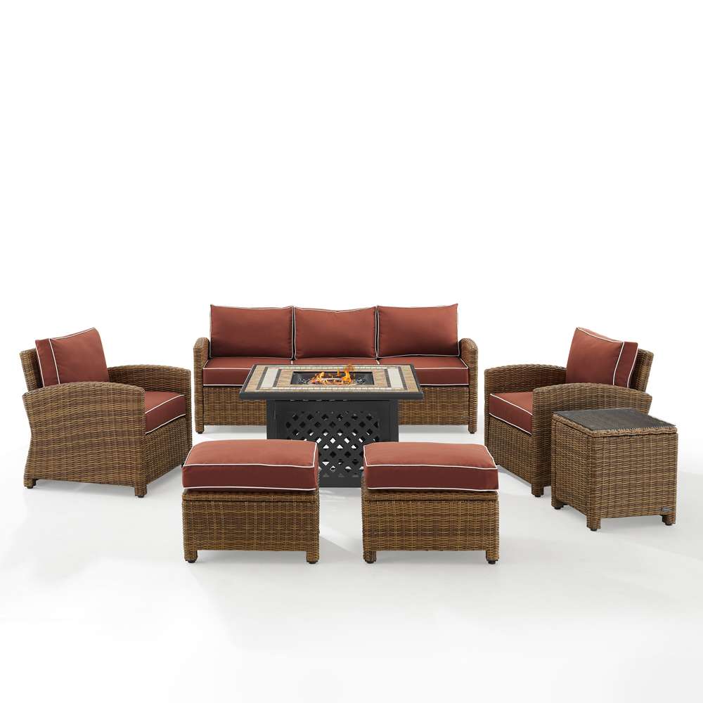 Crosley Furniture - Bradenton 6Pc Outdoor Wicker Sofa Set W/Fire Table Sangria/Weathered Brown - Tucson Fire Table, Sofa, 2 Armchairs & 2 Ottomans - KO70184WB-SG veiw 3