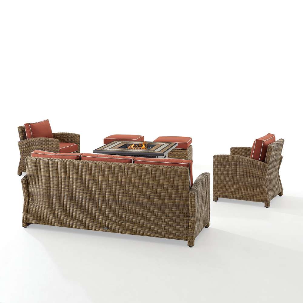 Crosley Furniture - Bradenton 6Pc Outdoor Wicker Sofa Set W/Fire Table Sangria/Weathered Brown - Tucson Fire Table, Sofa, 2 Armchairs & 2 Ottomans - KO70184WB-SG veiw 4