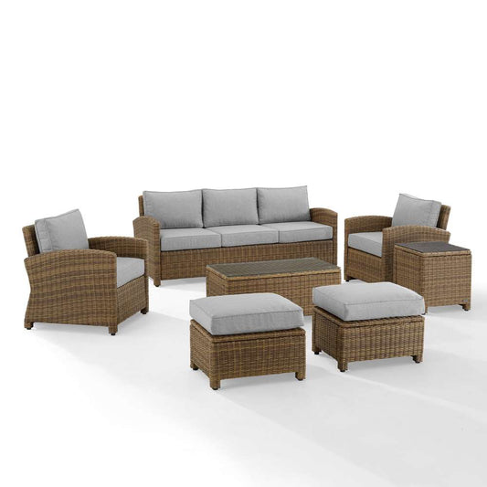 Crosley Furniture - Bradenton 7Pc Outdoor Wicker Sofa Set Gray/Weathered Brown - Sofa, Coffee Table, Side Table, 2 Armchairs & 2 Ottomans - KO70185WB-GY veiw 1