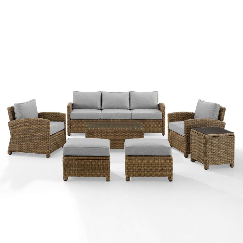 Crosley Furniture - Bradenton 7Pc Outdoor Wicker Sofa Set Gray/Weathered Brown - Sofa, Coffee Table, Side Table, 2 Armchairs & 2 Ottomans - KO70185WB-GY veiw 2