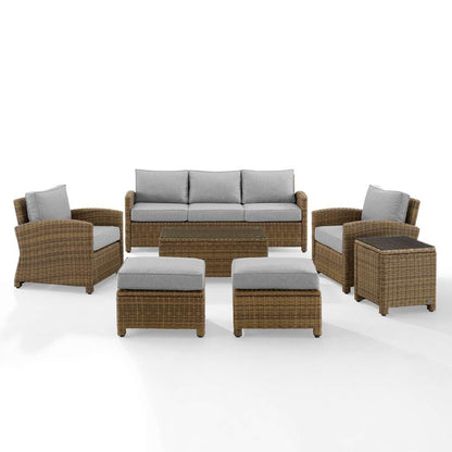 Crosley Furniture - Bradenton 7Pc Outdoor Wicker Sofa Set Gray/Weathered Brown - Sofa, Coffee Table, Side Table, 2 Armchairs & 2 Ottomans - KO70185WB-GY veiw 2