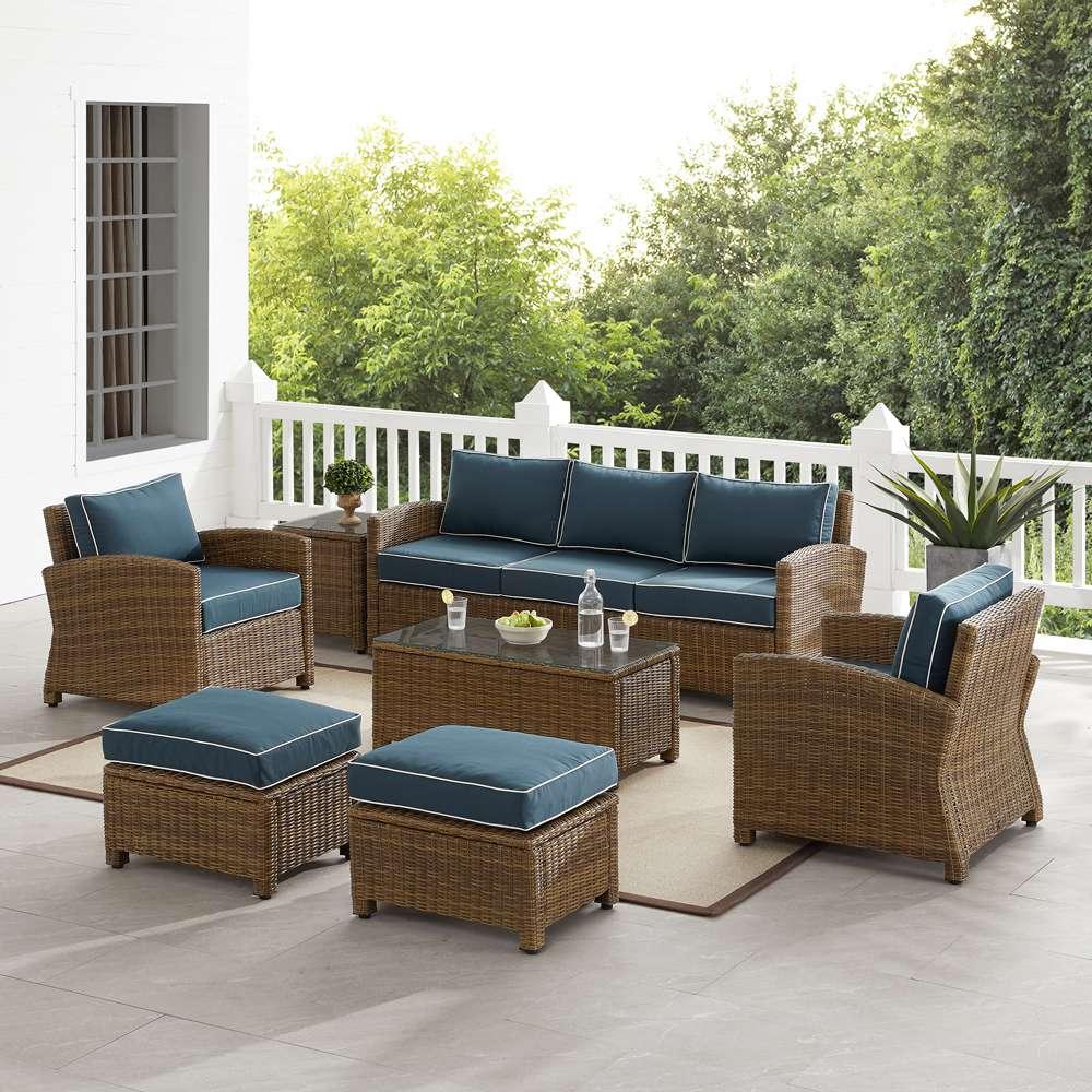Crosley Furniture - Bradenton 7Pc Outdoor Wicker Sofa Set Navy/Weathered Brown - Sofa, Coffee Table, Side Table, 2 Armchairs & 2 Ottomans - KO70185WB-NV veiw 1