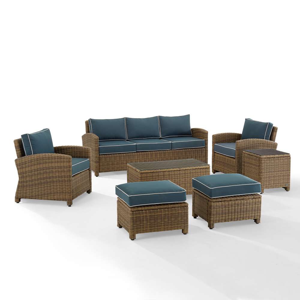 Crosley Furniture - Bradenton 7Pc Outdoor Wicker Sofa Set Navy/Weathered Brown - Sofa, Coffee Table, Side Table, 2 Armchairs & 2 Ottomans - KO70185WB-NV veiw 2