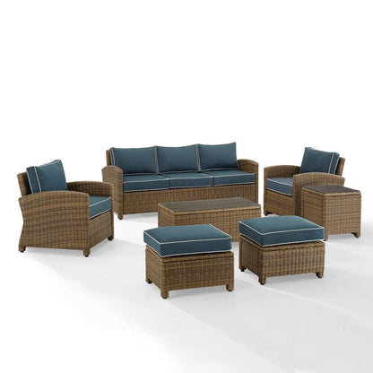 Crosley Furniture - Bradenton 7Pc Outdoor Wicker Sofa Set Navy/Weathered Brown - Sofa, Coffee Table, Side Table, 2 Armchairs & 2 Ottomans - KO70185WB-NV veiw 2