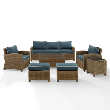 Crosley Furniture - Bradenton 7Pc Outdoor Wicker Sofa Set Navy/Weathered Brown - Sofa, Coffee Table, Side Table, 2 Armchairs & 2 Ottomans - KO70185WB-NV veiw 3