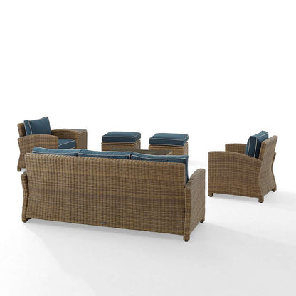 Crosley Furniture - Bradenton 7Pc Outdoor Wicker Sofa Set Navy/Weathered Brown - Sofa, Coffee Table, Side Table, 2 Armchairs & 2 Ottomans - KO70185WB-NV veiw 4