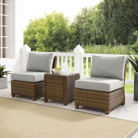 Crosley Furniture - Bradenton 3Pc Outdoor Wicker Chair Set Gray- Weathered Brown - Side Table and 2 Armless Chairs - KO70174WB-GY veiw 1